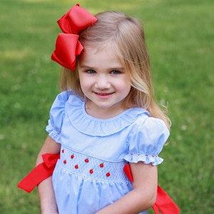 Girls Smocked Apple Dress Blue Gingham Red Hand Smocked Apples Bows Back to School Dress