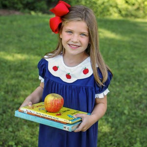 Girls Embroidered Apple Scalloped Collar Back To School Dress Navy Knit Preschool Kindergarten First Grade School Days Comfy Dress