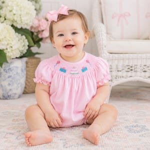 smocked birthday dress 12 months oh polly embellished Light Blue Cotton Linen Size:4XLarge featuring pink