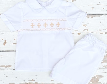 Boys Smocked Cross Shirt and Shorts Set White with Tan Crosses Hand Smocking Heirloom Baptism Church Dedication Easter Portrait Outfit