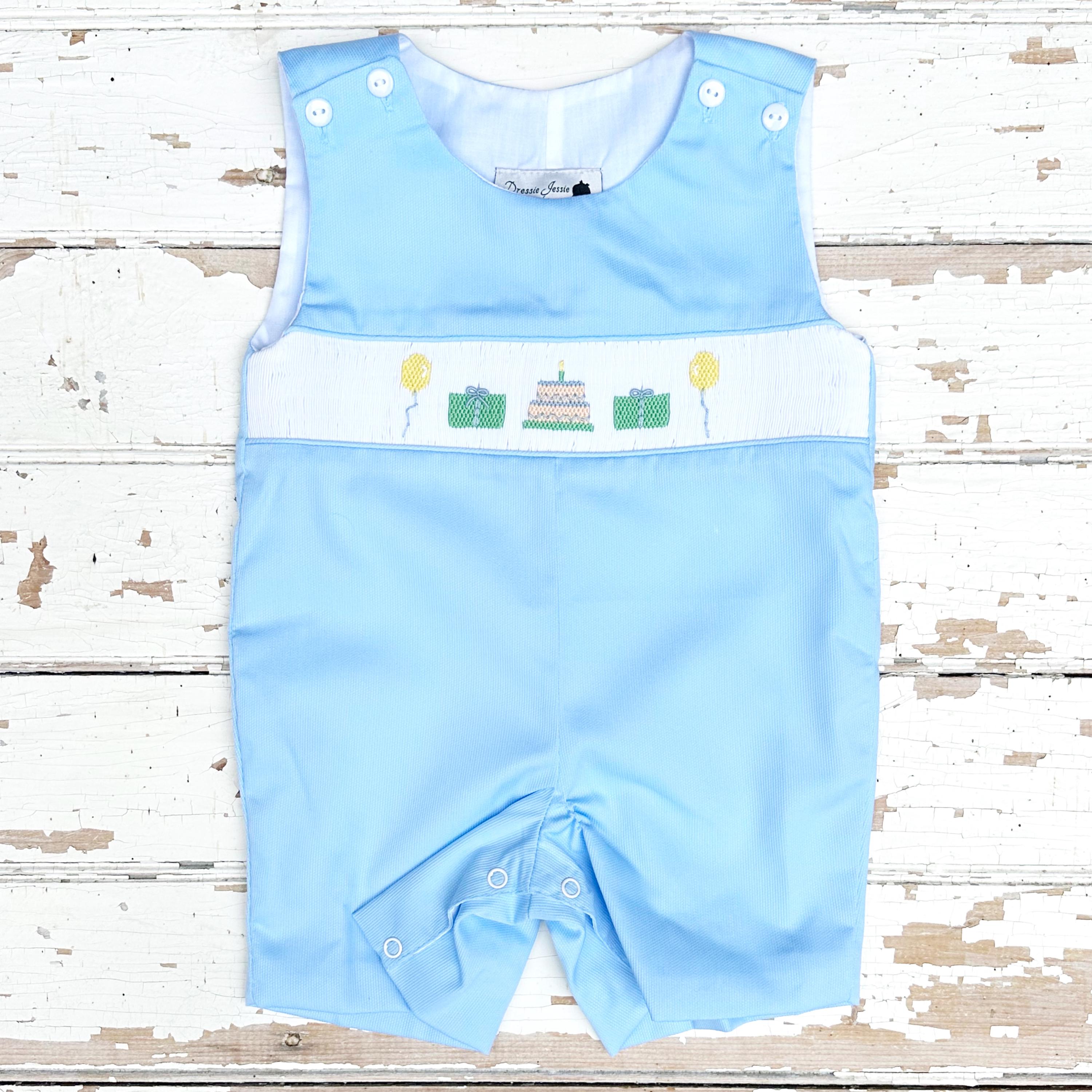 Boys Smocked Birthday Shortall Jon Jon Romper Baby's First Birthday Second Birthday Blue One-piece Hand Smocking Cake Balloons