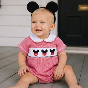 Smocked Mouse Ears Bubble Romper Red Gingham Classic Collar Baby Toddler Boy Magical Vacation Trip Birthday Party Outfit