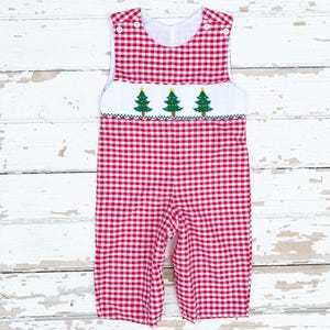 Smocked Christmas Tree Longall Red Gingham Hand Smocking Romper Santa Pictures Holiday Party Christmas Card Pictures Baby Toddler Boy Outfit