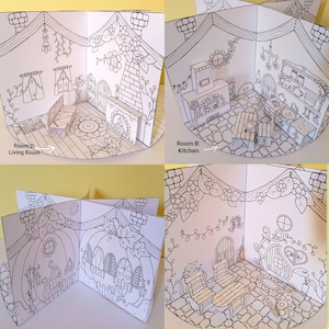 May include: A set of four unfolded paper dollhouse rooms, each with intricate black line drawings. The rooms include a living room, kitchen, and two other spaces, all featuring floral and architectural details. The rooms are designed to be colored.
