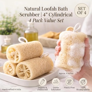 4 Pack Natural Loofah Sponge | Organic Cylindrical Bath Scrubber | Eco-Friendly Exfoliating Body Sponge | Plastic-Free Luffa for Shower & Sp