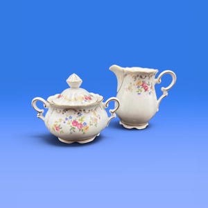 Vintage Mitterteich Bavaria Creamer & Sugar Bowl: Floral Gold Porcelain, U.S. Zone Germany