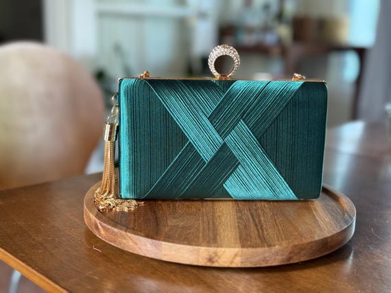 Emerald Green Satin Evening Clutch with Gold Chain & Tassel – Crystal Ring Clasp Purse