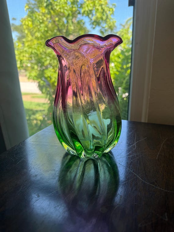 Vintage Hand Blown Cranberry Pink Green Art Glass Vase, Murano Style Ruffled Rim Ribbed Melon Shape, Teleflora Floral Base