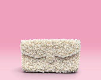 Vintage La Regale Beaded Evening Bag: Ivory Seed Bead & Sequin Clutch (1960s)