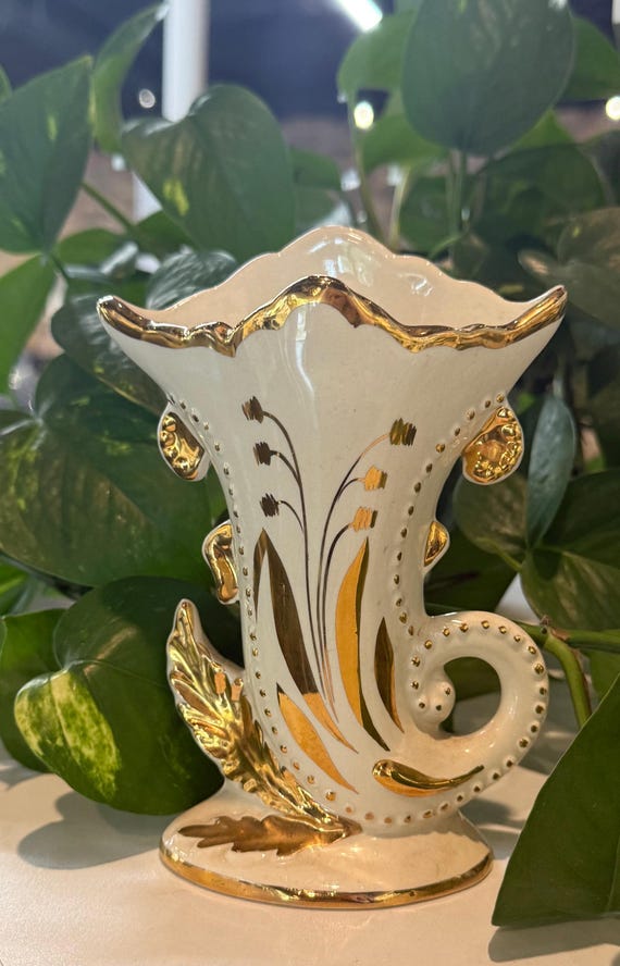 English Ceramic Bud Vase – Peasant Village (PV) Mark – Gilded Rococo Scroll Design – Mid-Century Made in England