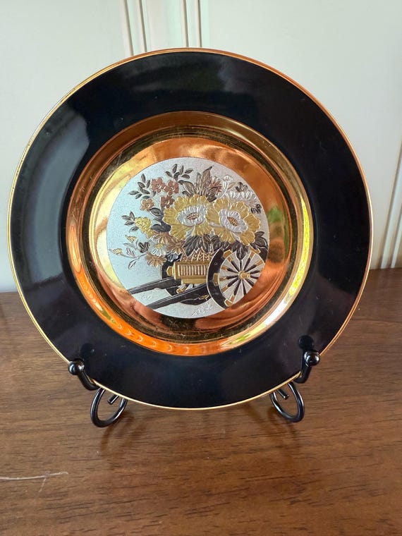 Imperial Chokin Plate by Yoshinobu Hara - Black & Gold Cart with Flowers - 1983 Limited Edition Japanese Art Plate