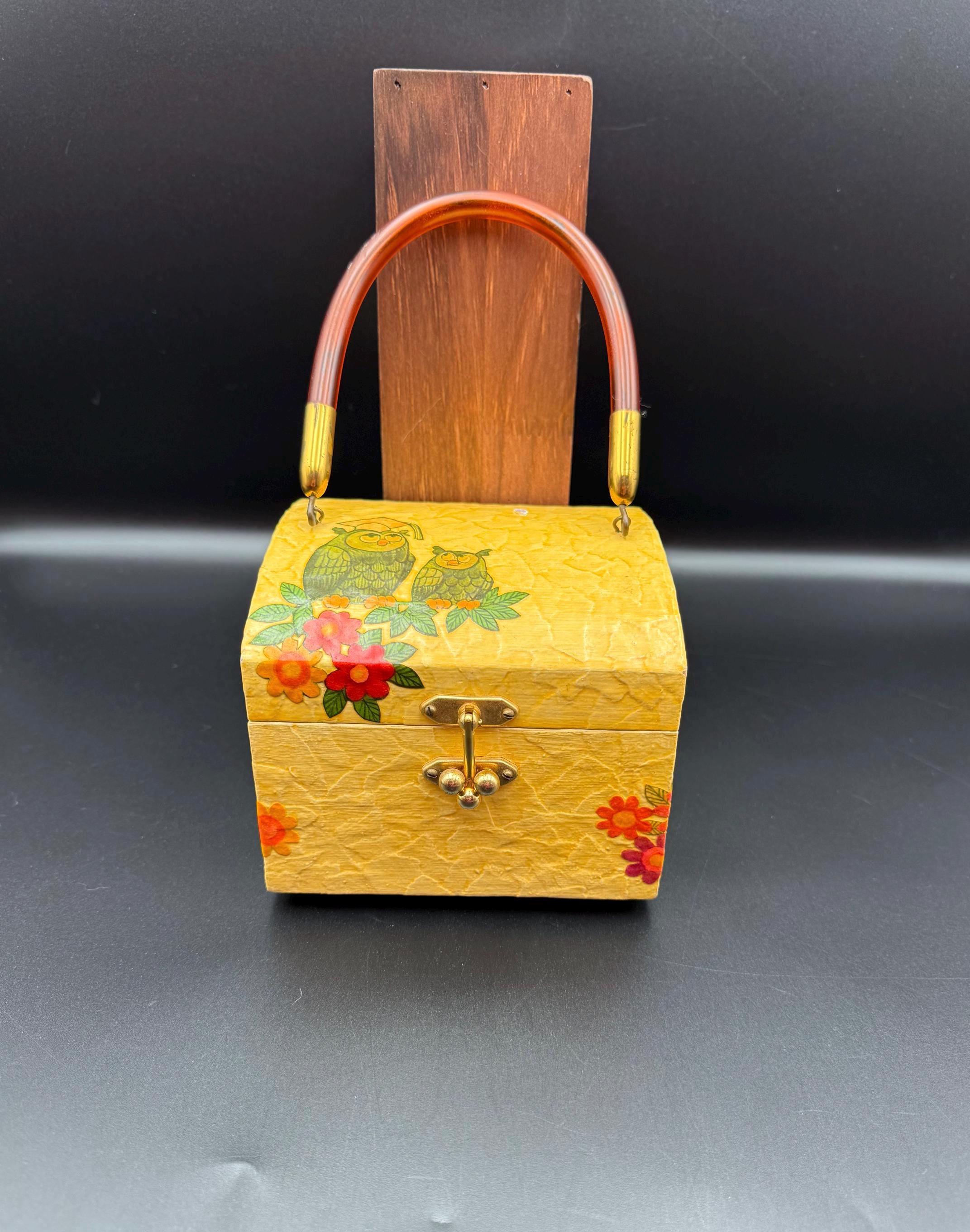 Vintage Owl Box Purse Wooden Decoupage Handbag 1970s Folk Art Lucite Handle