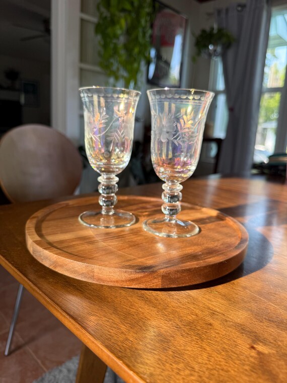 Vintage Iridescent Frosted Glasses - Set of 2 Etched Leaf Tumblers - Mid-Century Barware - 12oz Retro Barware