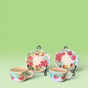 Vintage Nicola Fasano Majolica Cups and Saucers, Set of 2