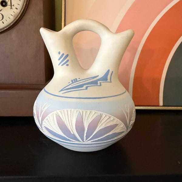 Handcrafted Navajo Wedding Vase – Signed “Stef,” Pastel Southwest Pottery, Sgraffito Carved Native American Art, Boho Desert Decor