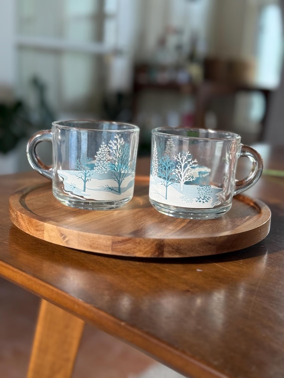 Vintage Anchor Hocking Winter Scene Mugs - Set of 2 Blue and White Snowy Tree Coffee Cups - 1970s glassware