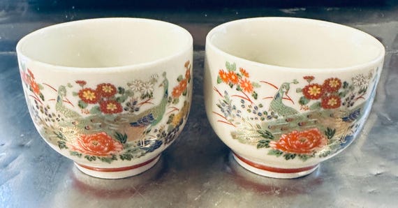 Boho Vintage Japanese Tea Cups – Peacock & Floral Gold Porcelain – Set of 2