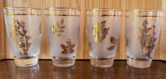 Vintage Libbey Golden Leaf Glasses – Set of 4 Frosted Tumblers with 22K Gold – Mid Century Barware