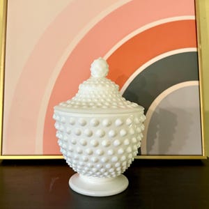 Vintage Hobnail Milk Glass Covered Candy Dish – Pedestal Lidded Bowl – White Glass Jar