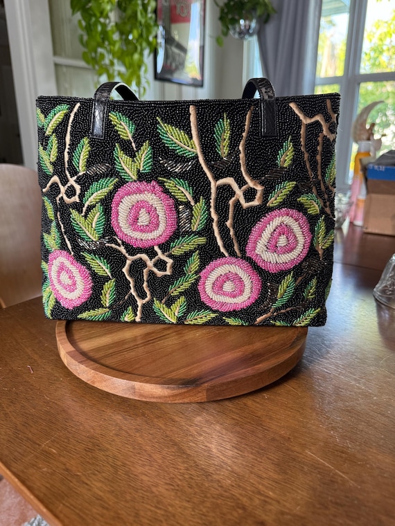 Vintage-Inspired Floral Beaded Handbag – Black Beaded Purse with Pink Rosettes & Faux Leather Handles
