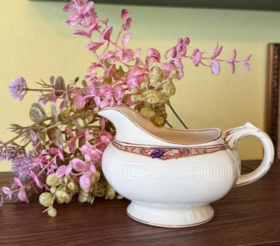 W.H. Grindley Georgian Ivory Gravy Boat – Antique 1920s English China with Fruit and Floral Border