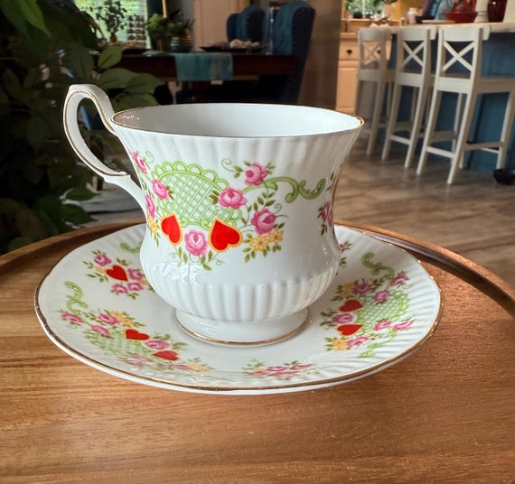 Queens Rosina Hearts and Roses Bone China Teacup and Saucer- Made In England