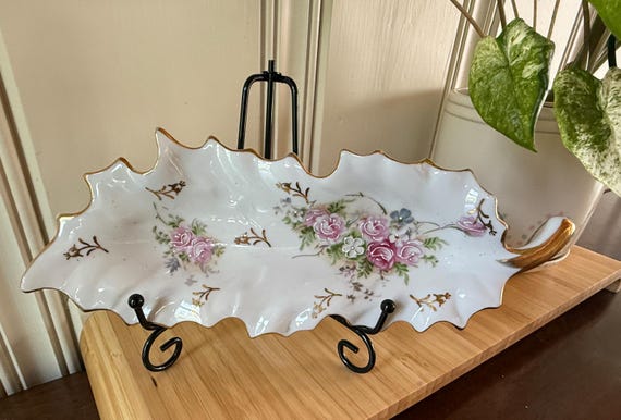 Vintage Porcelain Leaf Tray with Pink Floral Design & Gold Trim