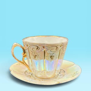 Vintage Lusterware Demitasse Cup and Saucer | Gold Scroll Art Deco Espresso China