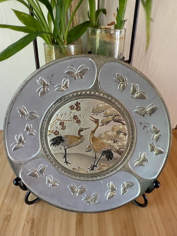 Vintage Art of Chokin Plate – Cranes and Butterflies – Gold & Silver Etched Metal – F.C. Westland Japan