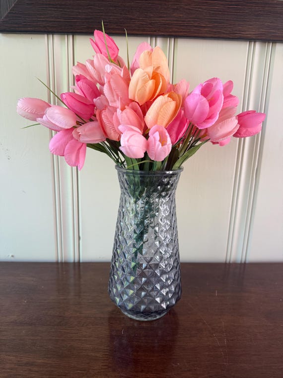 Vintage Paula Smoke Glass Vase – Diamond Point Pressed Glass with Silvery Gray Tint – 1980s Mid-Century Large Flower Vase – Geometric