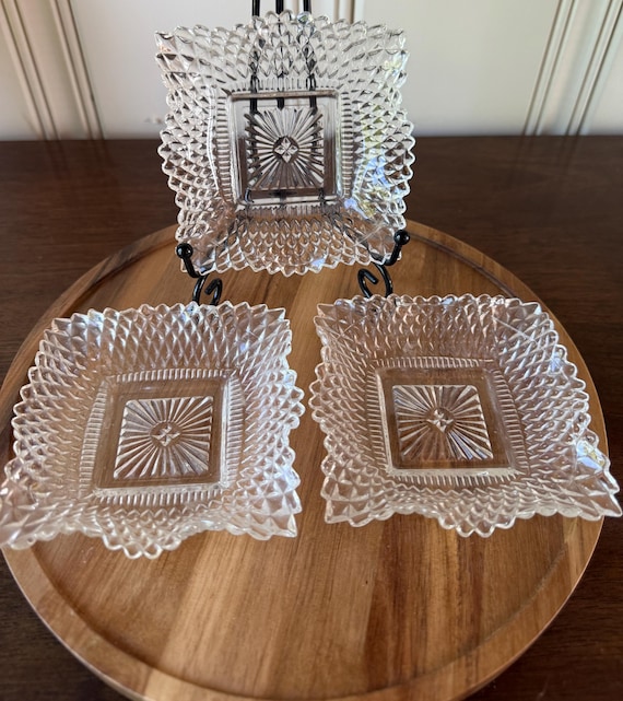 Vintage Pressed Glass Nut Dishes – Set of 3 Sparkling Diamond Point Trinket Dishes