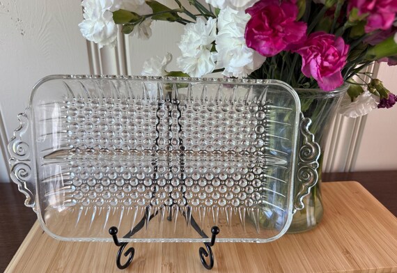 Vintage Divided Glass Relish Tray – Bubble Pattern in Hobnail Style – Scroll Handles – Mid-Century Serving Dish