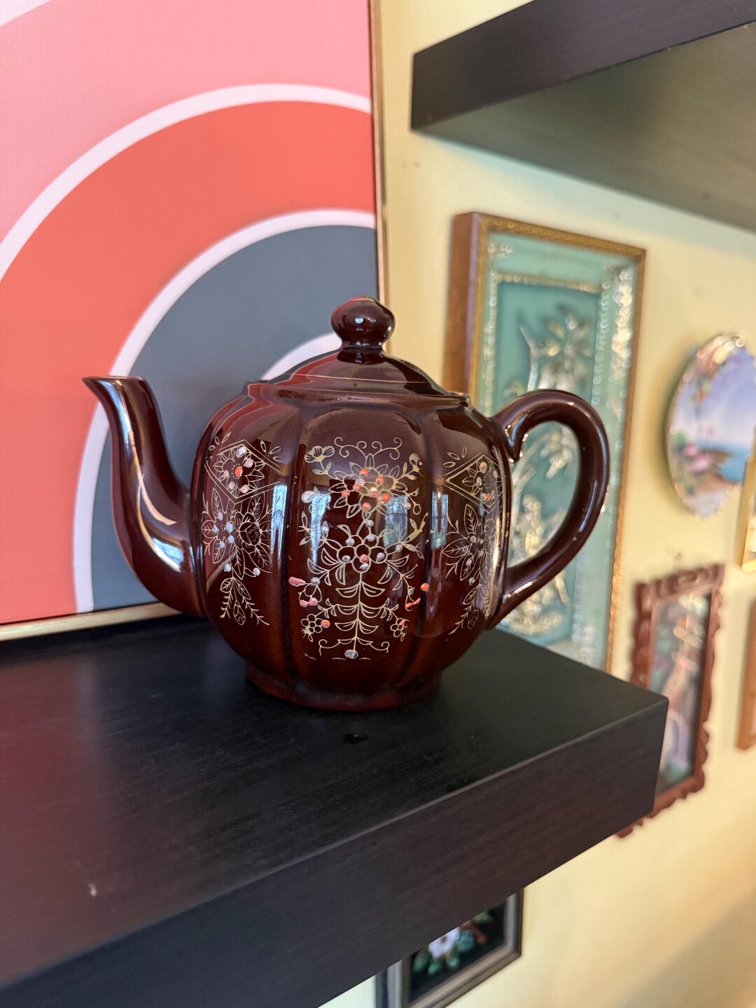 Vintage Japan Brown Lusterware Teapot | Hand-painted Floral Gold Enamel ...