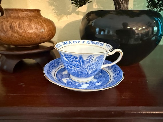 Vintage Willow Pattern Teacup and Saucer - Heathcote China Auld Lang Syne Cup of Kindness – Blue & White English Bone China