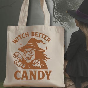 Halloween Tote Bag – Witch Better Candy Design | Double-Sided Print Cotton Canvas Reusable Trick or Treat Bag | Eco-Friendly Gift Bag
