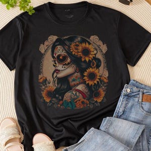 Day of the Dead Shirt for Women, Sugar Skull Sunflowers Tee, Dia de los Muertos T Shirt, Halloween Boho Outfit, Calavera Graphic Tee