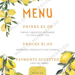 Menu du stand de limonade modifiable