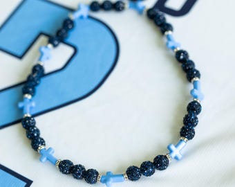 Navy blue with Light blue crosses baseball drip rhinestone beaded necklace