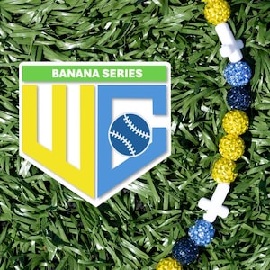 Banana series yellow, light blue, navy, and white savannah baseball drip rhinestone beaded necklace with crosses