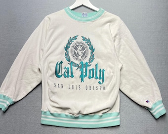 Felpa vintage anni '80 Champion Reverse Weave Cal Poly SLO taglia M, colore bianco e verde acqua, prodotta negli Stati Uniti.