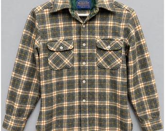 Camisa de lana Pendleton vintage de los años 60 y 70 para mujer, talla M, fabricada en EE. UU., de franela a cuadros con ribete verde.
