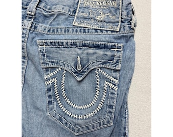 True Religion Ricky Big T ストレートレッグ XL 38x30 ジーンズ ライトウォッシュ ホワイトステッチ