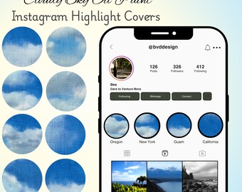 May include: A digital art image featuring Instagram highlight covers with a cloudy sky oil paint theme. The covers are circular, with various shades of blue and white depicting clouds. The image also shows a smartphone displaying an Instagram profile.