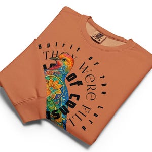 May include: A terracotta-colored sweatshirt featuring a colorful bird design with the text "Spirit of the Lord Were Filled". The bird is adorned with vibrant hues of blue, orange, yellow, and green. The sweatshirt has a crew neck and long sleeves.