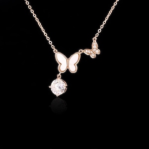 Diamond and Pearl Necklace with Butterfly Pendant, Elegant Jewelry for Women, Gift for Her, Fine Rose Gold Chain, Romantic Birthday Gift