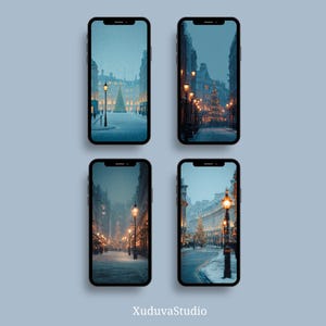 May include: Four smartphones showing winter street scenes with snow, streetlights, and Christmas trees. The screens depict a snowy cityscape with buildings and a festive atmosphere. The background is a light blue.