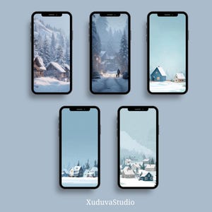 May include: Five smartphones displaying winter landscape wallpapers. The wallpapers feature snowy scenes with cabins, houses, and a person walking on a snowy path. The color palette includes white, blue, and brown tones.