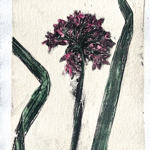 Monostampa botanica, stampa gelli di fiori di aglio, carta fatta a mano, arte murale unica, aspetto vintage, stampa gelli, fatta in casa, dal proprio giardino.