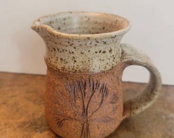Vintage Handmade Pottery Art Mini Ceramic Pitcher Creamer with Tree Engraving Art. Vintage Kitchen Find