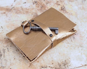 creditcard and business card holder Black 102 cash Leather Wallet with antique skeleton key Handmade Leatherwork by Anne Meiborg